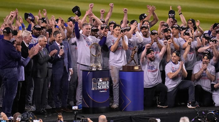 Rangers celebrate after winning Game 5 of the baseball World Series against the Diamondbacks.